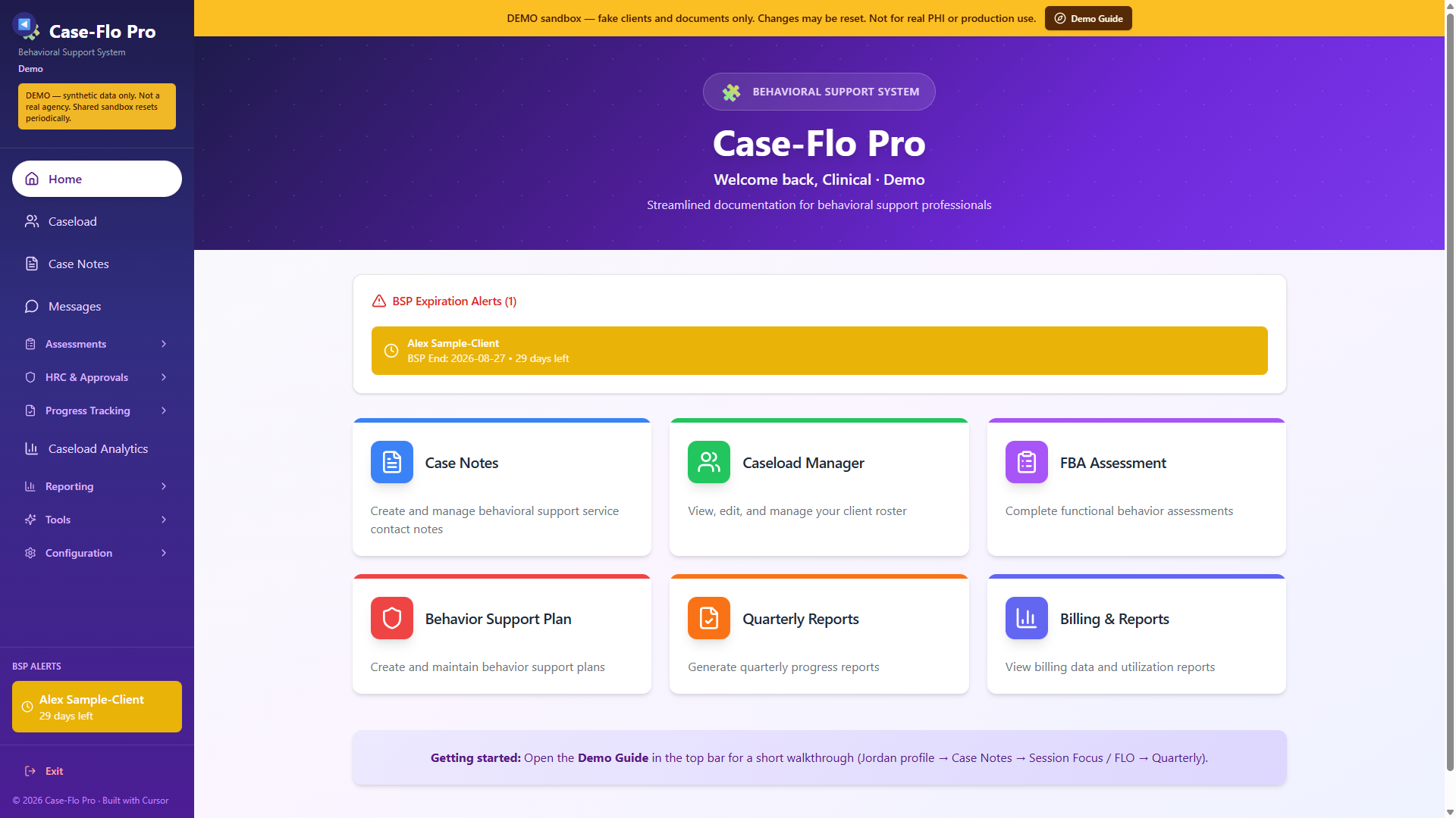 Case-Flo Pro clinical home with shortcuts to notes, caseload, FBA, BSP, and reporting